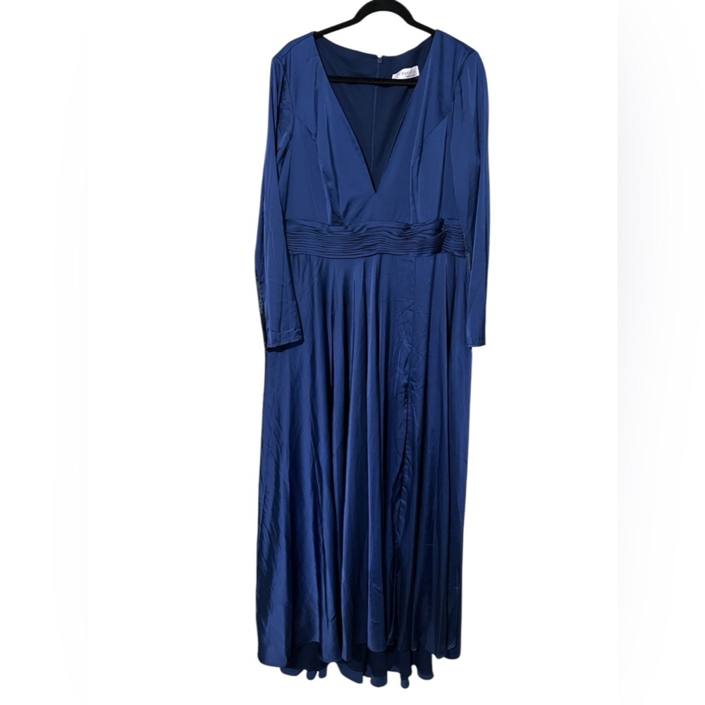 Mac Duggal quarter sleeve v neck A line gown silk gown midnight blue size 18W‎ - Picture 4 of 12